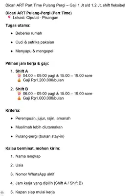 Dicari ART Part Time Pulang Pergi – Gaji 1 Jt s/d 1.2 Jt