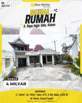 Dijual Rumah Luas di Tepi Jalan Raya Jogja-Solo, Ceper Klaten