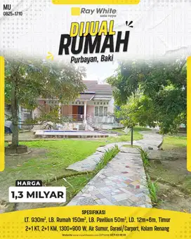 Dijual Rumah Villa Luas 930m² dgn Kolam Renang Dekat Solo Baru (Baki)