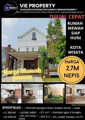 Jual Cepat Rumah Cantik Siap Huni Cluster Favorite.Kota Wisata Cibubur