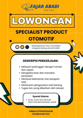 DIBUTUHKAN: SPESIALIS PRODUK OTOMOTIF MOBIL