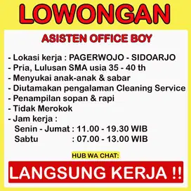 LOWONGAN ASISTEN OB, PENEMPATAN SIDOARJO, LANGSUNG KERJA