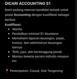 Dibutuhkan segera Accounting/Keuangan dan Admin