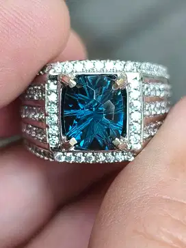 Cincin batu blue topaz London 3.57 carat ring perak memo MRI clean