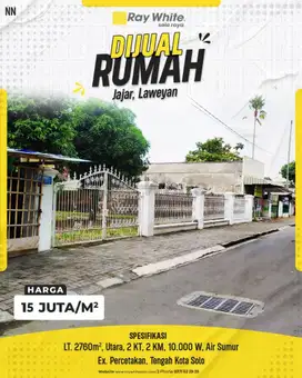 Dijual Rumah dgn Tanah 2760m² di Tepi Jl. Adi Sucipto, Jajar Laweyan