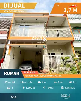 Dijual Rumah Furnish Dekat UB di Griyashanta Malang