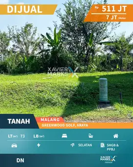 Dijual Unit Langka Tanah Kavling di Greenwood Golf Araya Malang