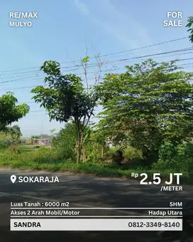 Dijual Tanah Hook, Tepi Jalan Seluas 6000m2 Area Sokaraja