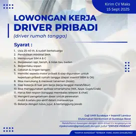 Lowongan Driver Probadi (Driver Rumah Tangga)