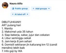 Dibutuhkan ART pulang hari