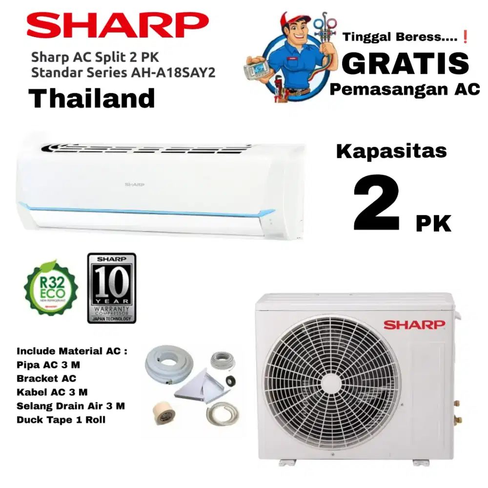 FREE PASANG! AC SHARP 2 PK Thailand R32 Turbo Cooling AH-A18SAY2