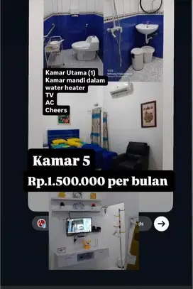 Kostan Bulanan untuk Laki-laki  kamar full furnished kamar mandi dalam