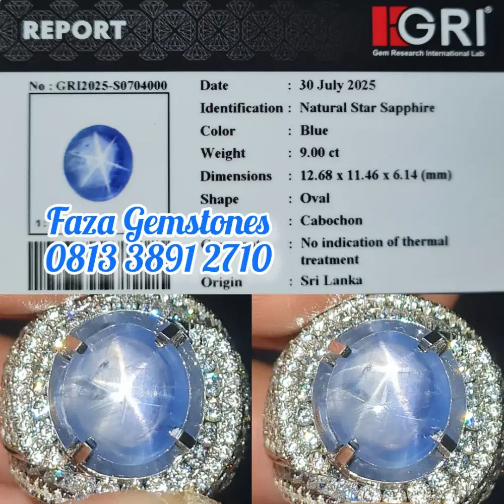 Blue Star Sapphire Srilanka NH 9.00ct Star mayung Meja lebar Christal
