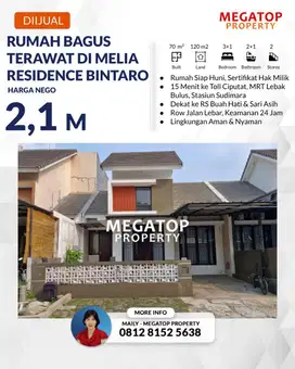 Rumah Dijual di Melia Residence Bintaro Dekat Stasiun Jurangmangu
