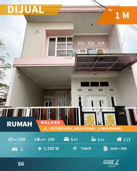 Dijual Rumah 2 Lantai Dekat UB di Joyoagung Lowokwaru Malang