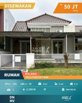 Disewakan Rumah Modern Siap Huni di Villa Puncak Tidar Malang