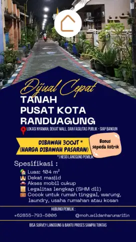 DIJUAL CEPAT TANAH PUSAT KOTA (RANDUAGUNG GRESIK)
