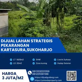 Dijual Lahan Strategis Pekarangan Kartasura,Sukoharjo 1829m2