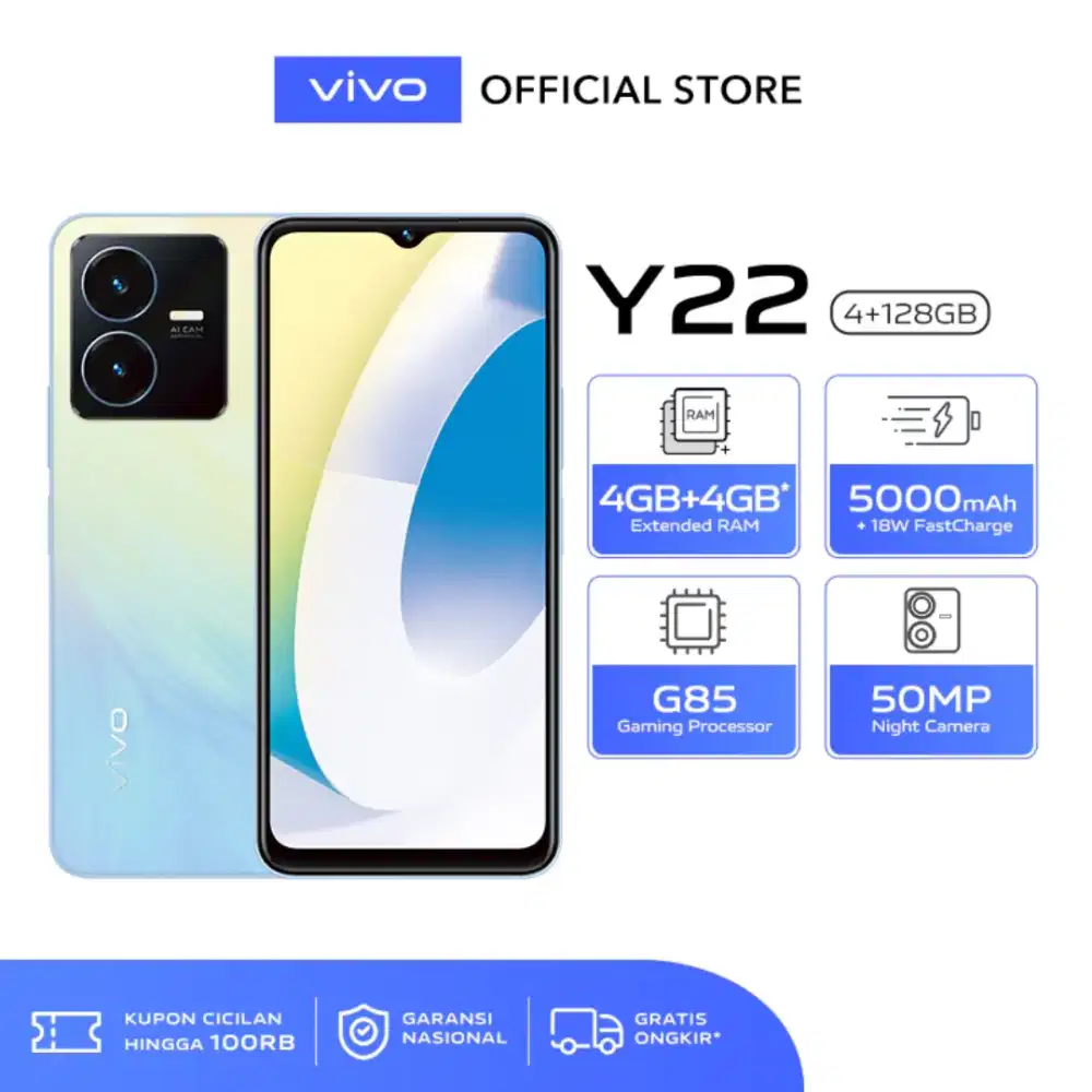 Vivo Y22 ram 4gb 128gb Batere 5000 baru IMEI ok garansi resmi 1 tahun