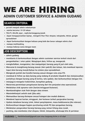 ADMIN & ADMIN GUDANG (kirim cv langsung ke chat)