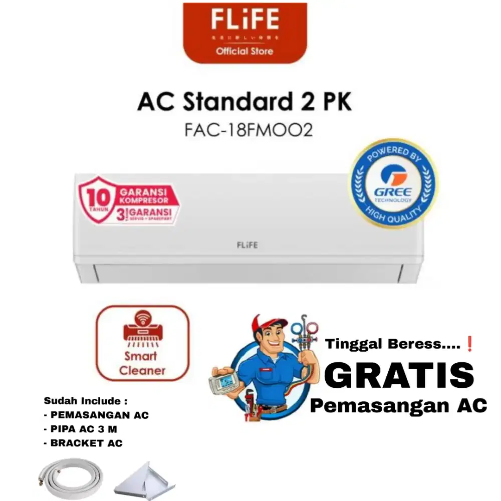 FREE PEMASANGAN! FLIFE By GREE AC Split  2 PK Smart Cleaner FAC18FMOO2
