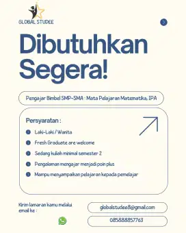 Dicari guru Bimbel SMP-SMA : Mata Pelajaran Matematika dan IPA