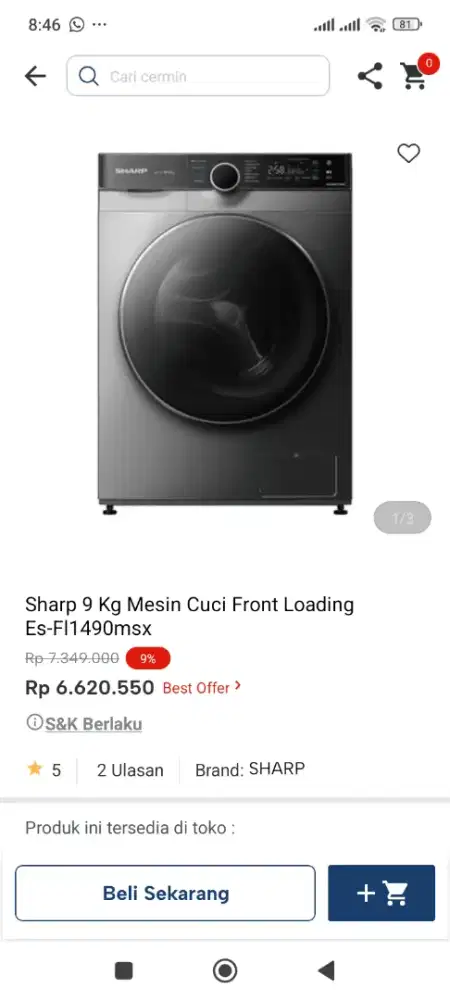 Sharp 9kg mesin cuci front loading Esfl14