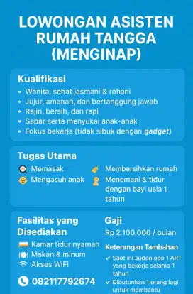 Dibutuhkan segera ART (Asisten Rumah Tangga)