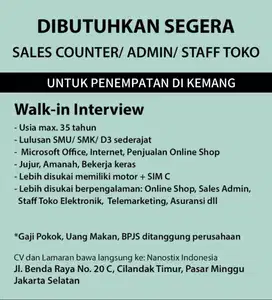 DI BUTUHKAN LOWONGAN KERJA STAFF TOKO