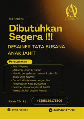 LOWONGAN KERJA FASHION DESAINER & ANAK JAHIT