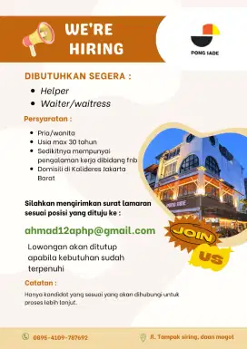 Lowongan Kerja Helper dan waiter/waitress