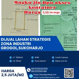 Jual Cepat Tanah Zona Merah Industri Grogol Sukoharjo 1250m² !!
