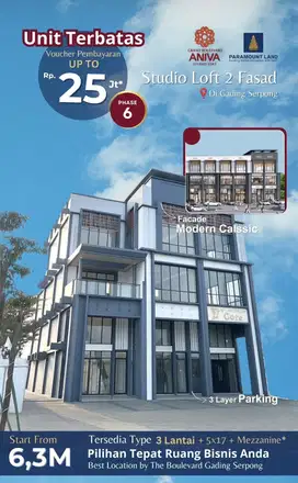 Studio loft yg selalu sold Aniva Boulevard gading serpong