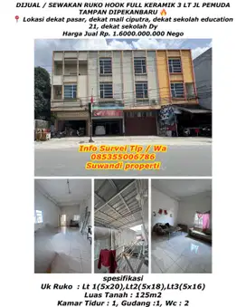 Dijual/sewakan ruko hook full keramik 3 lt jl.pemuda tampan