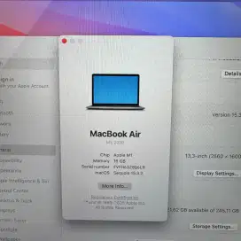 Macbook Air M1 13 Inch Ram 16 Ssd 256 lengkap full set like Space grey