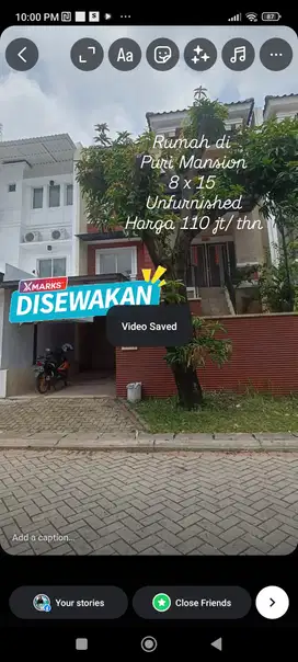 Disewakan Rumah 2 lt  8 x 15 m2 di  Puri Mansion ada 3+1 kt 3+1 km unf