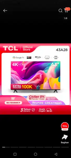 JUAL TV TCL 43 INCH GOOGLE TV 4K UHD