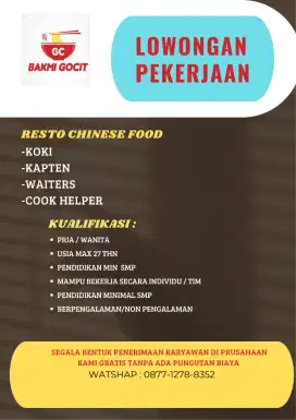 Lowongan kerja WAITERS & Cook helper