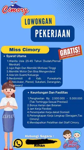 Lowongan kerja MISS CIMORY (Sales Wanita)