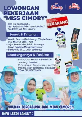 DI BUTUHKAN SALES MISS CIMORY 2 ORANG LAGI!!