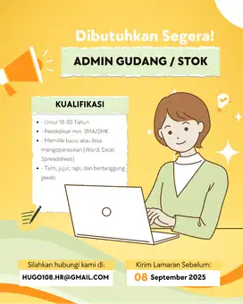 LOWONGAN KERJA ADMIN GUDANG / STOK CENGKARENG JAKARTA
