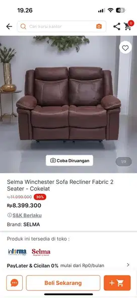 Sofa Recliner 2 Seater-Coklat (Baru) Harga Beli 8 Juta