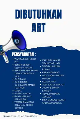 Lowongan ART (wanita rajin)