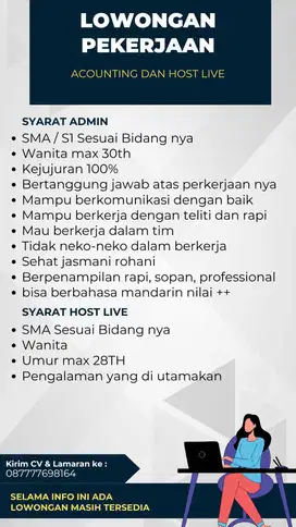 Di Butuhkan segera accounting dan Host Live