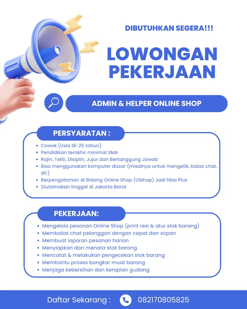 HELPER PACKING ONLINE SHOP LOWONGAN KERJA DIBUTUHKAN SEGERA
