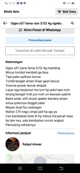 Oppo a57 lama 3/32 4g mnteng carkem bole