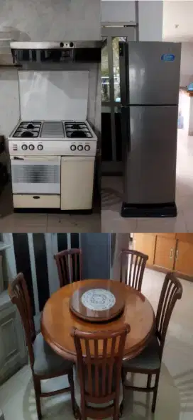 Kulkas, kompor dan meja makan + kursi