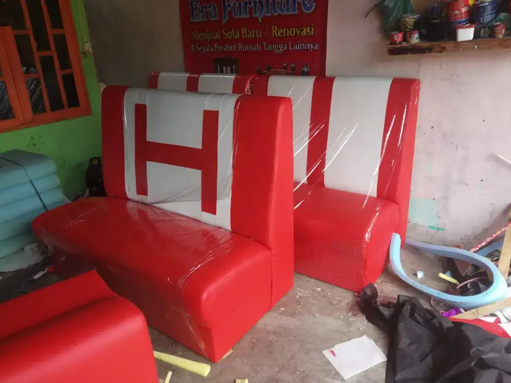 Erafurniture*sofa CAFE sandaran tinggi kain kulitmerah-cream