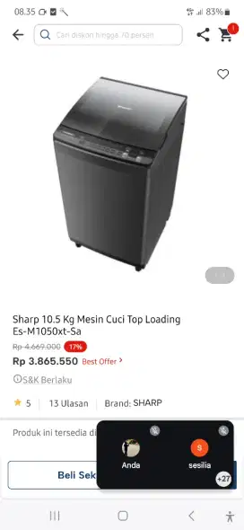 MESIN CUCI SHARP TOP LOADING 10.5KG