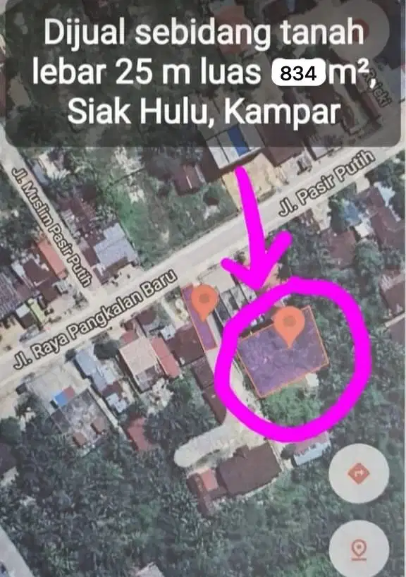 Tanah Luas 834 m² (Lebar 25 m) Strategis di Siak Hulu, Kampar